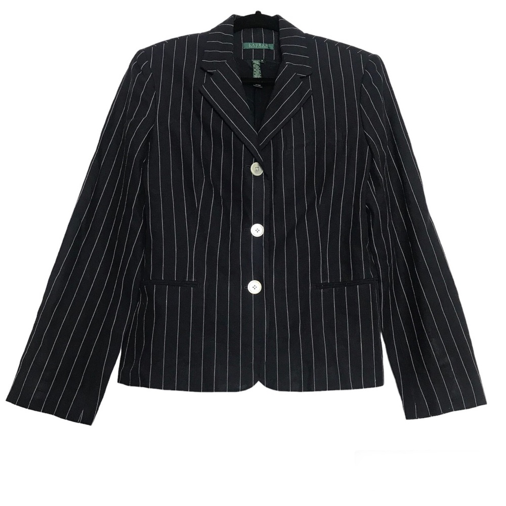Lauren Ralph Lauren Womens Pinstripe Linen Single Breast Blazer Size 12 Preppy
